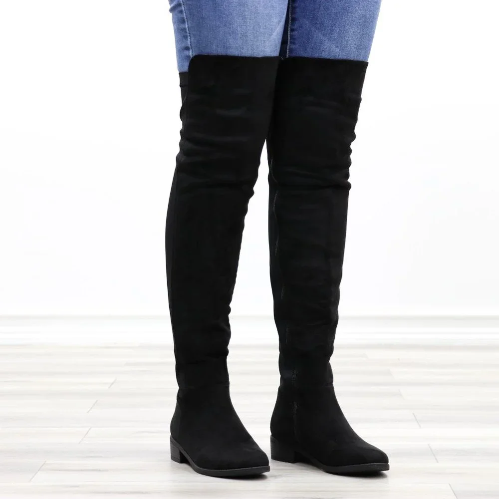 Low Heel Thigh High Boots Womens Over The Knee Suede & Stretchy Material Mix - Picture 3 of 14